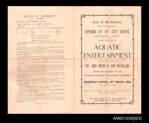 Program for the opening of the City Baths featuring Beatrice Kerr