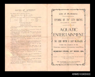 Program for the opening of the City Baths featuring Beatrice Kerr