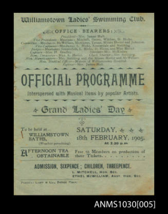 Official program for Williamstown Ladies' Swimming Club featuring Beatrice Kerr