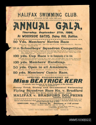 Handbill featuring appearance by Beatrice Kerr at Halifax Swimming Club