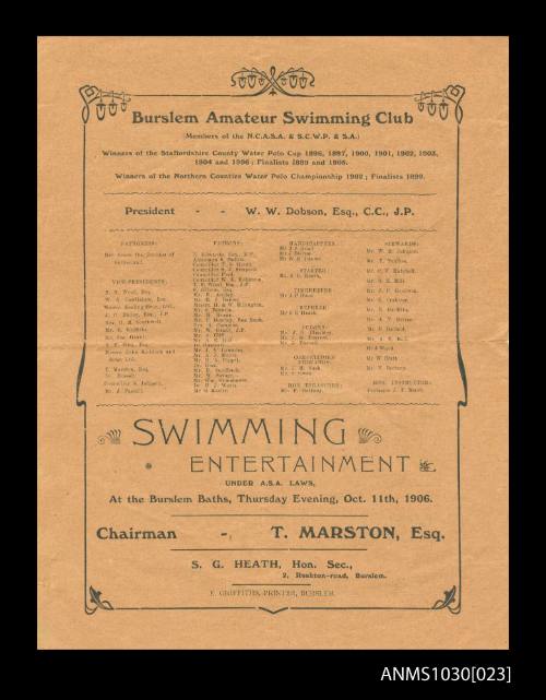 Program for Burslem Amateur Swimming Club featuring Beatrice Kerr
