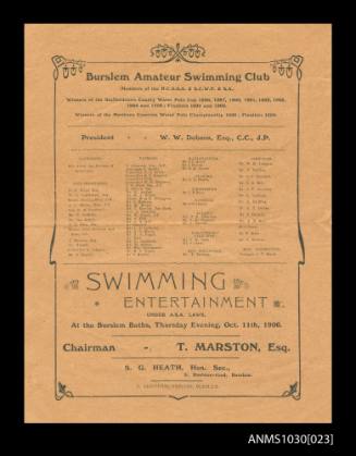 Program for Burslem Amateur Swimming Club featuring Beatrice Kerr