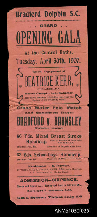 Handbill for Bradford Dolphin SC Gala featuring Beatrice Kerr