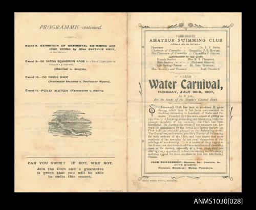 Program for Farnworth Amateur Swimming Club Carnival featuring Beatrice Kerr