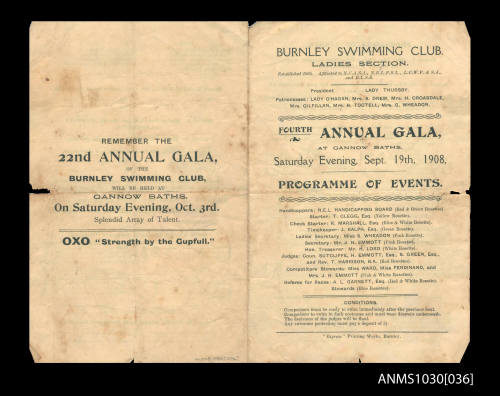 Program for Burnley Swimming Club Gala featuring Beatrice Kerr