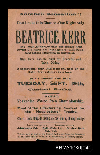 Handbill advertising Beatrice Kerr's last appearance in Bradford