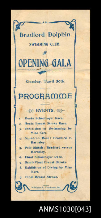 Program for Bradford Dolphin Swimming Club, Opening Gala, Tuesday April 30, featuring Miss Beatrice Kerr
