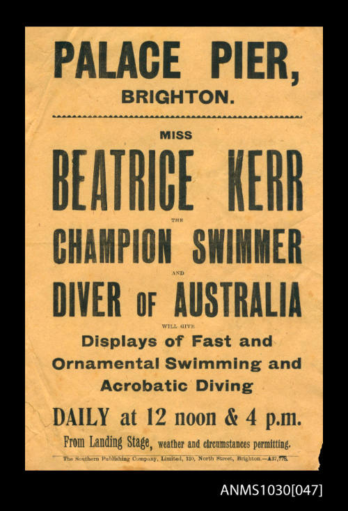 Handbill advertising a Palace Pier exhibition featuring Beatrice Kerr