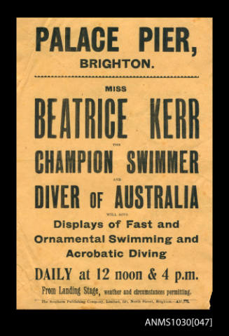 Handbill advertising a Palace Pier exhibition featuring Beatrice Kerr