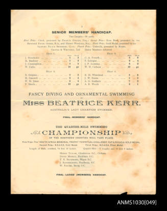 Pages 3 - 4 of a program advertising Fancy Diving and Ornamental Swimming by Miss Beatrice Kerr