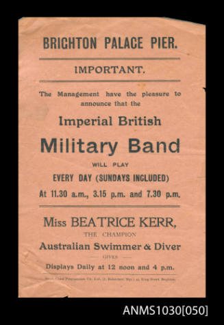 Handbill for Brighton Palace Pier, featuring Miss Beatrice Kerr