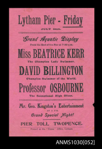 Handbill advertising an appearance Beatrice Kerr at Lytham Pier