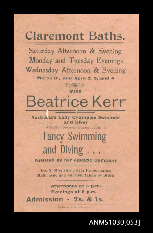 Handbill advertising an appearance Beatrice Kerr at Claremont