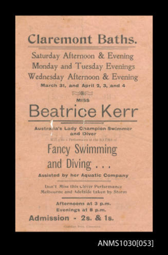 Handbill advertising an appearance Beatrice Kerr at Claremont Baths