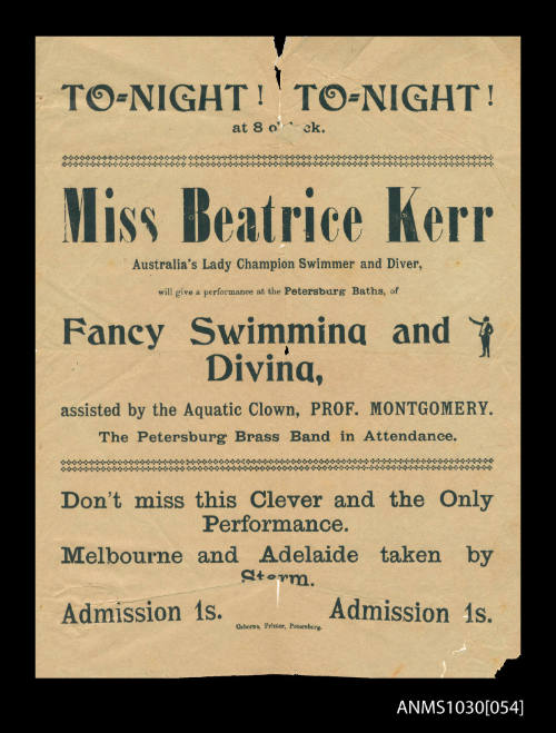 Handbill advertising a performance by Beatrice Kerr at the Petersburg Baths
