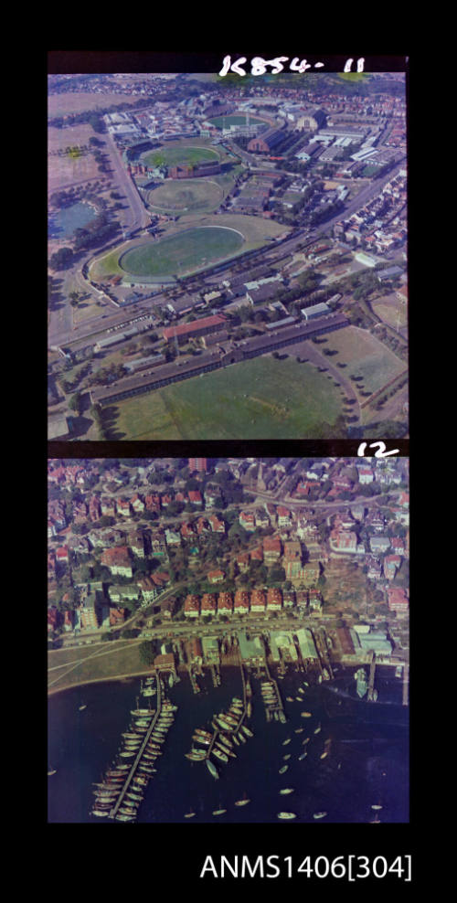 Transparency depicting two aerial views of urbanscape