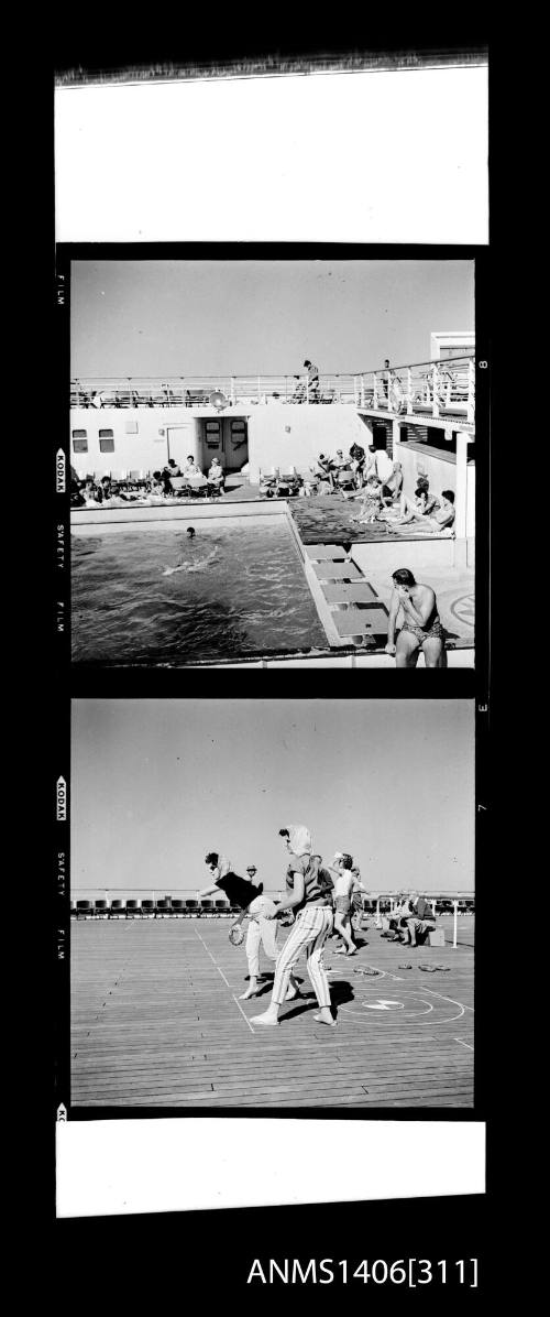 Negative depicting the sports deck and pool of a P&O liner