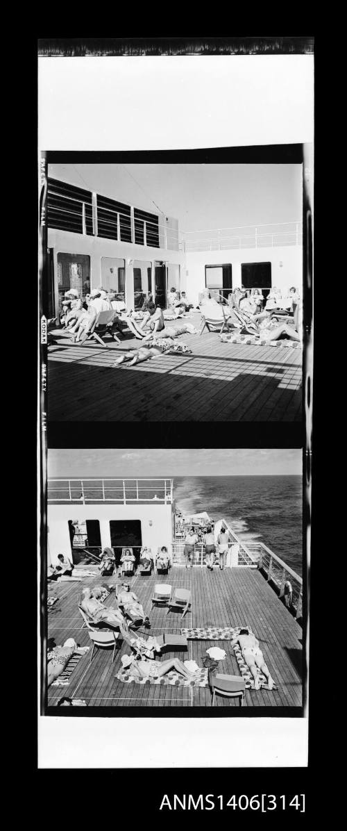 Negative depicting the sunbathing deck of a P&O liner