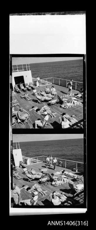 Negative depicting the sunbathing deck of a P&O liner