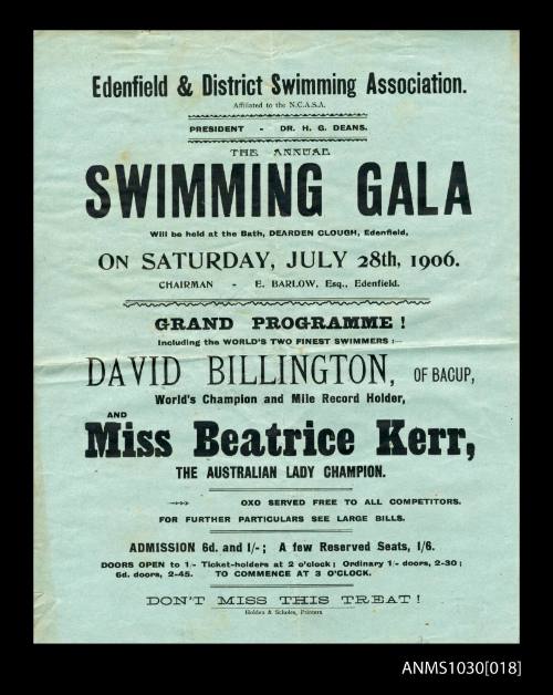 Handbill for Edenfield & District Swiming Gala featuring Beatrice Kerr