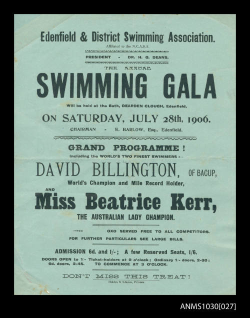 Handbill for Edenfield & District Swimming Gala featuring Beatrice Kerr