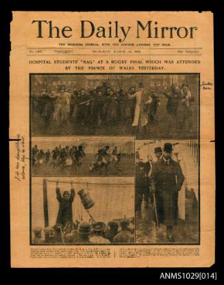 The Daily Mirror, dated 10 March 1910, titled Hospital Students' Rag At A Rugby Final Which Was Attended By The Prince of Wales Yesterday