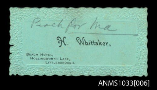 Calling card of H Whittaker from Hollingworth Lake, Littleborough