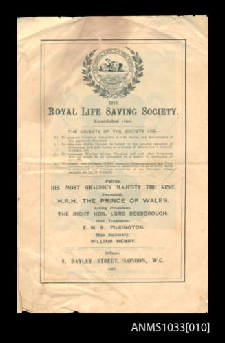 Membership booklet for the Royal Life Saving Society