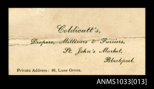 Business card for Coldicutt's Drapers, Milliners and Furriers