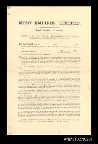 Official contract between Moss' Empires Limited and Beatrice Kerr