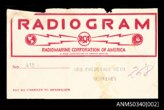 Radiomarine Corporation of America envelope addressed to Mrs Frederick Heim Monterey