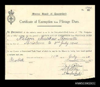 Marine Board of Queensland certificate of exemption from pilotage dues and renewal of certificate of exemption from pilotage dues presented to Nelson Matthew Bonnetti