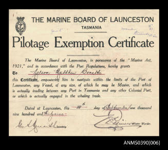 Marine Board of Launceston pilotage exemption certificate presented to Nelson Matthew Bonetti