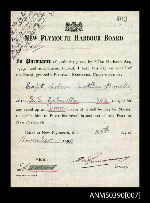 New Plymouth Habour Board pilotage exemption certificate presented to Captain Nelson Matthew Bonetti