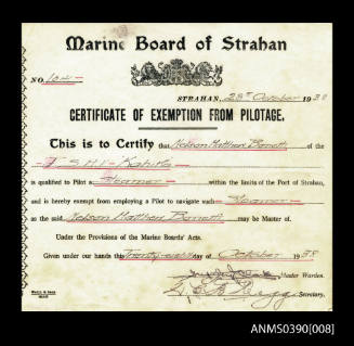 Marine Board of Strahan certificate of exemption from pilotage presented to Captain Nelson Matthew Bonetti