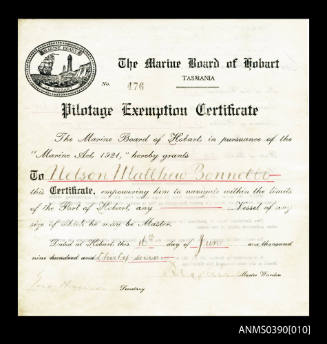 Marine Board of Hobart pilotage exemption certificate presented to Nelson Matthew Bonetti