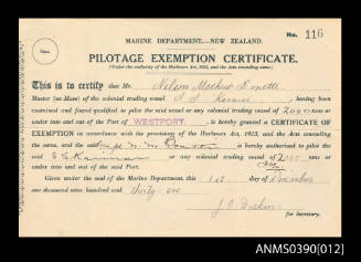 Marine Department New Zealand pilotage exemption certificate presented to Nelson Matthew Bonetti