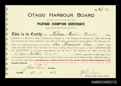 Otago Harbour Board pilotage exemption certificate presented to Nelson Matthew Bonetti for the port of Dunedin