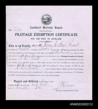 Auckland Exemption Board pilotage exemption certificate for the Port of Auckland presented to Mr Nelson Matthew Bonetti