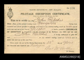 Marine Department New Zealand pilotage exemption certificate presented to John Ritchie and  transferred to Captain N M Bonetti