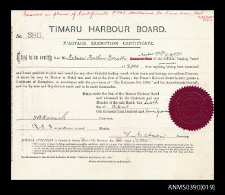 CERTIFICATE.  TIMARU HARBOUR BOARD.  PILOTAGE EXEMPTION CERTIFICATE.  1927.  INK ON PAPER.  CERIFICATE NO. 386.  BLACK PRINTING WITH BLACK AND SOME RED HANDWRITING, AND A RED TIMARU HARBOUR BOARD COMMON SEAL ON RIGHT SIDE.  PRESENTED TO "Nelson Matthew Bo