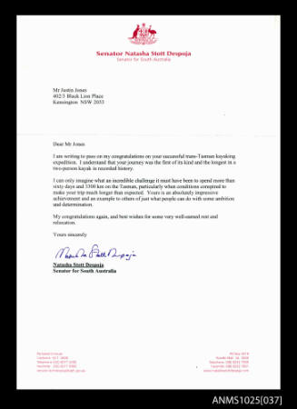 Letter to Justin Jones from Natasha Stott Despoja Senator for South Australia