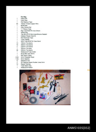 Inventory list of tools and equipment in the Dry Bag, and Spare Box, listing the quantity of each object
