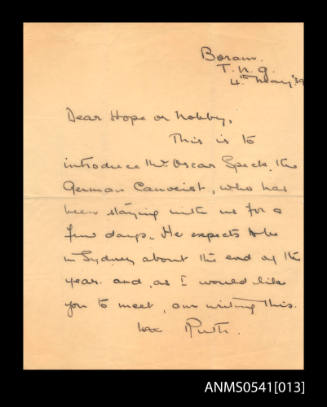Letter from Oskar Speck to Ruth Shaw