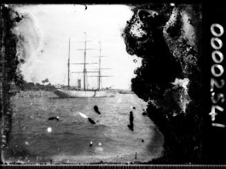 Three-masted barque off Farm Cove with the city of Sydney visible in the background