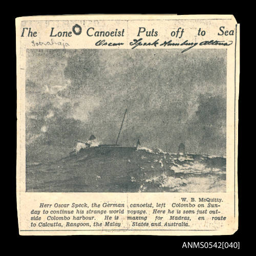 Newspaper clipping titled: The lone canoeist puts off to sea