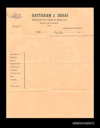 Letterhead for Datram J Desai General Merchant & Importer Government Suppliers