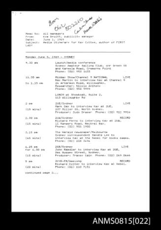 Media Itinerary for Kay Cottee to promote the launch of her first book, 'First Lady'.