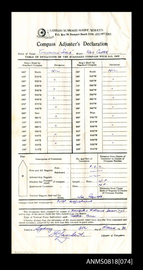 Compass adjuster's declaration from BLACKMORES FIRST LADY