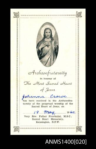 Archconfraternity in honour of the Sacred Heart of Jesus issued to Joahanna Crowe booklet